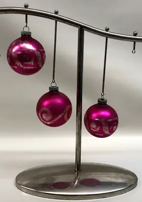 Set 3 Vintage Hot Pink Shiny Brite Christmas Ornaments Glitter Design Stand NFS • $9.99