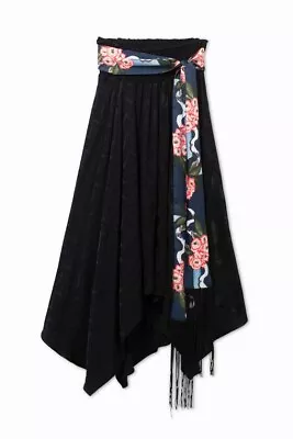 Desigual Black Satin Belted Scarf Hanky Hem Skirt - Size S NEW • $87.11