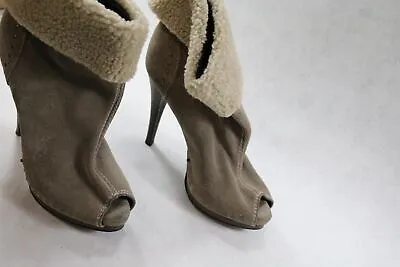 Womens 40 Peep Toe Ankle Boots Furry Bootie Sz 10 M Taupe Suede 5inch A065 • $20.29