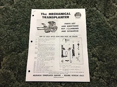 A New Reprint Operators And Parts Manual For Mechanical Transplanters • $15