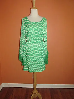 New C Luce Womens Size S Spring Green Ikat Print Open Fringe Sleeve Dress  • $39.88