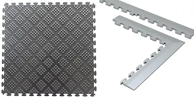 NÖRSK Metallic Graphite PVC Floor Tiles Raised Diamond + Trim & Border Kit • $79.98