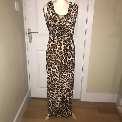 Jane Norman Brown Beige Leopard Animal Print Open Back Drapey Maxi Dress UK 10 • £17