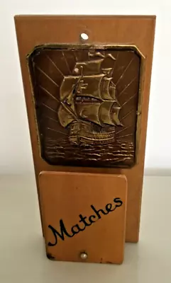 Vintage Brass Ship Plaque On Wood Matches Matchbox Holder Wall Mount Small PROP • £8.99