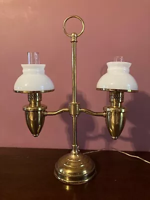 14  Miniature Vintage Brass Double Student Lamp White Milk Glass Shades Chimney • $58