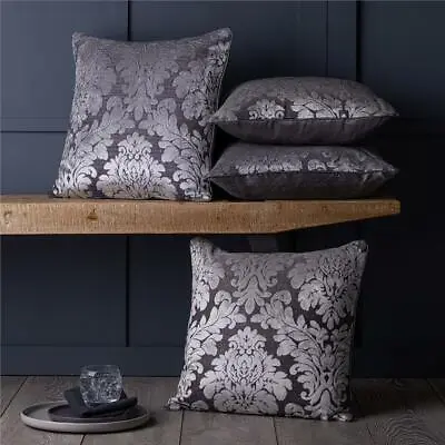 Set Of 4 Damask Flocked Velvet 18 Inch Piped Cushion Covers Silver & Grey  • £18.99
