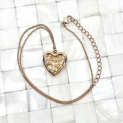 Glittered Heart Locket Necklace Chain The Vintage Strand Lot #3392 • $5.24