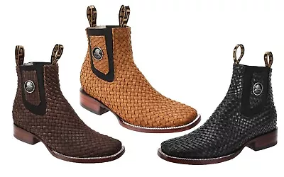 Men Western Cowboy Square Toe Ankle Woven Boot Botin Vaquero  Petatillo Rodeo • $129.99