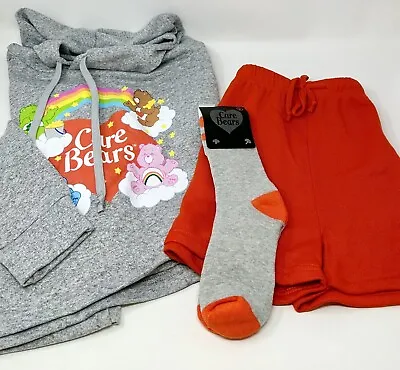 Care Bears 3 Piece Pajamas Lounge Set Fleece Hoodie Shorts Socks Red Gray Sz Lg • $32.57