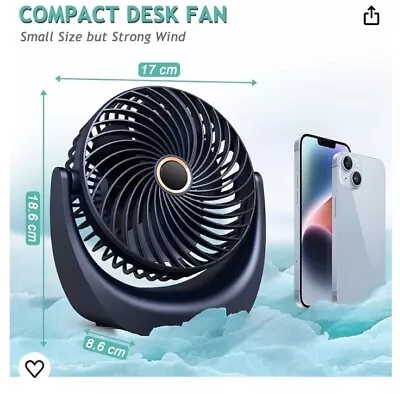 Desk FanSmall Personal FanTable Fan Rechargeable 4000mAh Battery5 Spd Silent • £12.99