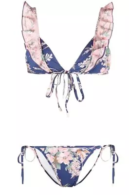 Zimmermann Moonshine Waterfall Frill Bikini | Blue Floral Spliced Tie Bottoms • $159.99