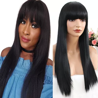 Long Silky Straight Hair Synthetic None Lace Wigs Full Neat Bangs Cosplay Wig • $13.93