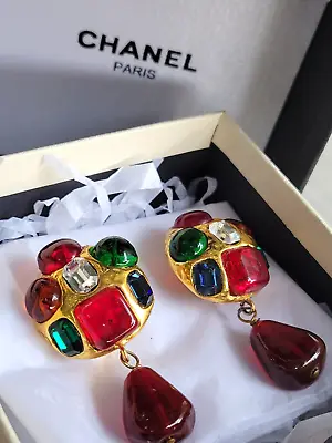 Wow! Vtg Auth Chanel France Cc Gold Logo Earrings Red Gripoix Poured Glass Paris • $182.50