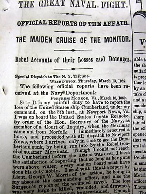 1862 Civil War Newspaper 1st BATTLE Of IRON CLAD WARSHIPS  Monitor Vs Merrimack • $50