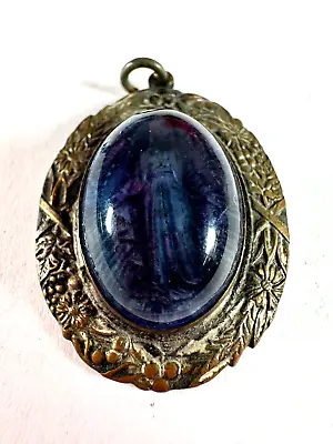 VIntage Pendant Cabochon Mary Blue Glass Oval Catholic Medal • $25