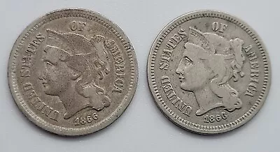 Lot Of 2 1866 Philadelphia Mint Three Cent Coins Nice • $15.72