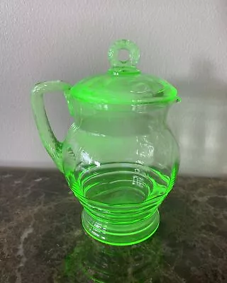 Vintage Green Uranium Vaseline Glass Pitcher / Water Jug With Lid 6.75” X 5” • $85