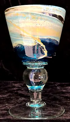 Mdina Malta Glass 6 1/2  Goblet Blue Summer 1978 Design Signed #3 • $175.99