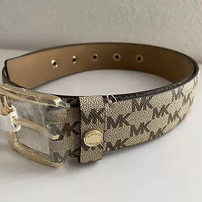 MICHAEL Michael Kors Womens Belt Tan Beige Brown Gold Logo Print XL NEW MSRP $68 • $39