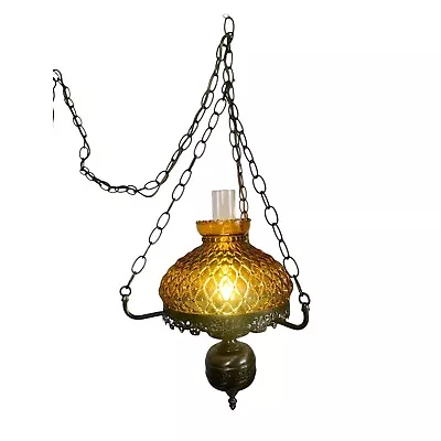 Vintage Quilted Amber Glass Hanging Swag Lamp MCM Works • $99.99