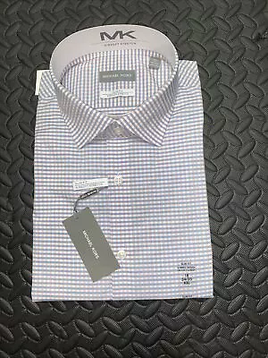 Michael Kors Men Slim-Fit Blue Check Stretch Button-up Dress Shirt 18 34/35 XXL • $15