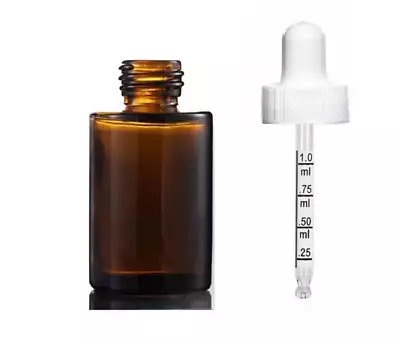 1 Oz Amber Cylinder Glass Bottle W/ White Calibrated Bullnose Dropper Set Of 120 • $118