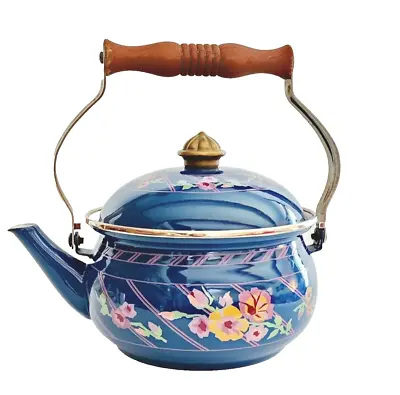 Vintage Floral Enamel And Brass Tea Kettle Teapot • $21.60