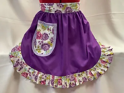 RETRO VINTAGE 50s STYLE HALF APRON / PINNY - PURPLE WITH LILAC & FLORAL TRIM • £19.99