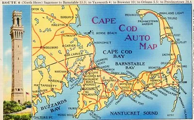 Cape Cod Massachusetts Auto Map Route 28 Vintage Postcard C. 1938 • $12.50