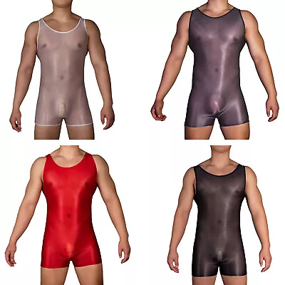 US Mens Shiny Glossy Jumpsuit Sheer See Through Elastic Bodysuit Tight Leotard • $4.49