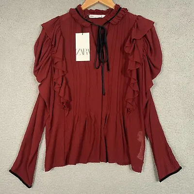 $28.99 • Buy Zara Womens Blouse Top Size XS Red Frill Ruffled Velvet Bow Career Classy Chic