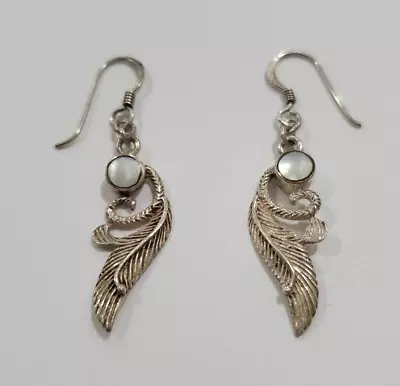 Vintage Native American Sterling 925 Mother Of Pearl Feather Drop Earrings • $29.72