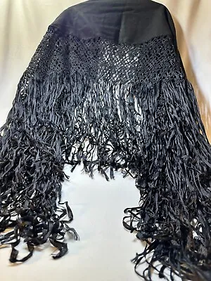 Vintage 100% Wool And Satin Macrame Fringe Shawl Wrap - Made In Colombia - Black • $62