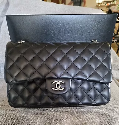 Classic Chanel Black Quilted Double Flap Jumbo Lambskin Bag With Silver Hardware • £4995