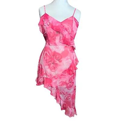 Miss Selfridge Mini Dress Size 14 Pink Strappy Asymmetric Hem Rose Pattern BNWT • £14.99