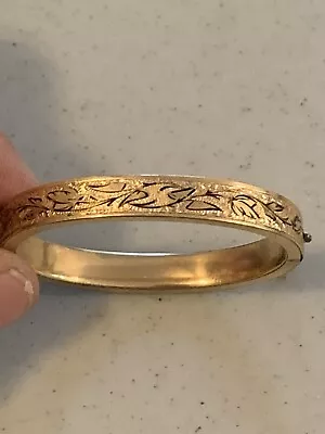 Antique Victorian Gold & Etched Enameled Baby Hinged Cuff Bracelet Safety Chain • $14.95