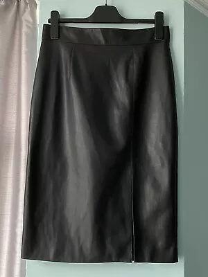 M&S Black Leather Look Split Front Midi Pencil Skirt Fully Lined Size 12 NEW • £25