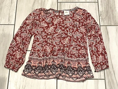 Knox Rose Top Women’s XS Red Long Sleeve Peasant Boho • £12.30