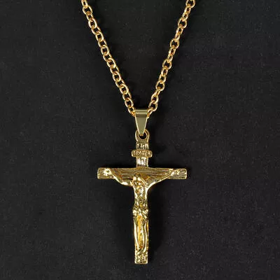 JESUS CROSS CRUCIFIX HOLY Pendant GOLD FILLED 18K Necklace 20  Chain Female Men • $19.89