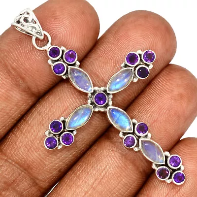 Cross - Natural Rainbow Moonstone & Amethyst 925 Silver Pendant XS49 CP44345 • $23.99