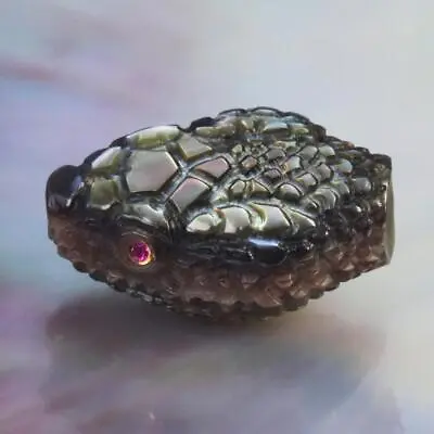 Snake Head Bead Black Mother-of-Pearl Shell Carving & Ruby Gemstone Eyes 3.67 G • $58