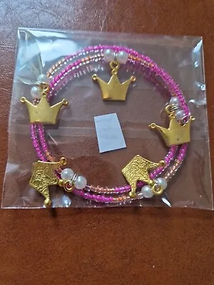 Memory Wire Bracelet Gold Crown Charm Pink 62 • £3.50