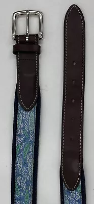 Vineyard Vines Aqua White & Navy Blue Fish Canvas And Leather Belt Men’s Size 32 • $12.49