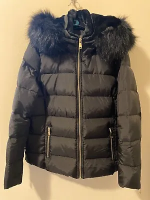 ZARA Girl's Jacket Black Puffer Fur Collar Hooded Coat Size Large • $19.99