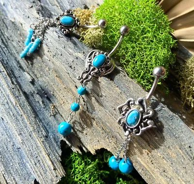 1pc Synthetic Turquoise Belly Ring Pierced Navel Naval Vintage Vine Dangle 14g • $11.95