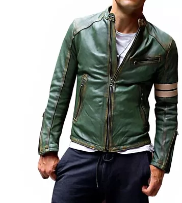 Men's Motorcycle Vintage Cafe Racer Retro Genuine Leather Distressed Jacket • $99.99