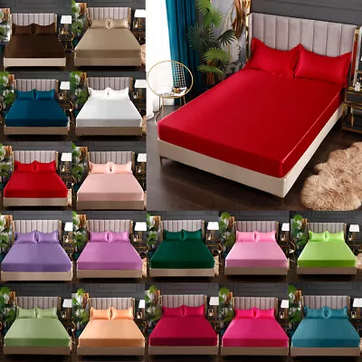 Solid Color Satin Bed Fitted Sheet Bedding Mattress Covers Elastic Band Elastic • $30.68