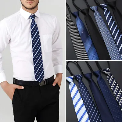 ☆Men Solid Color Ready Knot Pre Tied Formal Zipper Tie Neck Wear Striped Necktie • $3.89