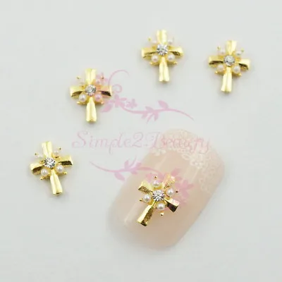 20 Cross Clear Rhinestones Faux Pearl Beads Gold Plated 3D Nail Art Alloy Charms • $5.48