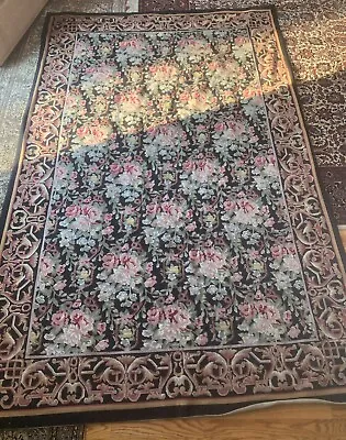 $500 • Buy Vintage Needlepoint French Aubusson Rug  *EUC* Black Floral W/ Pink Roses 5x8ft